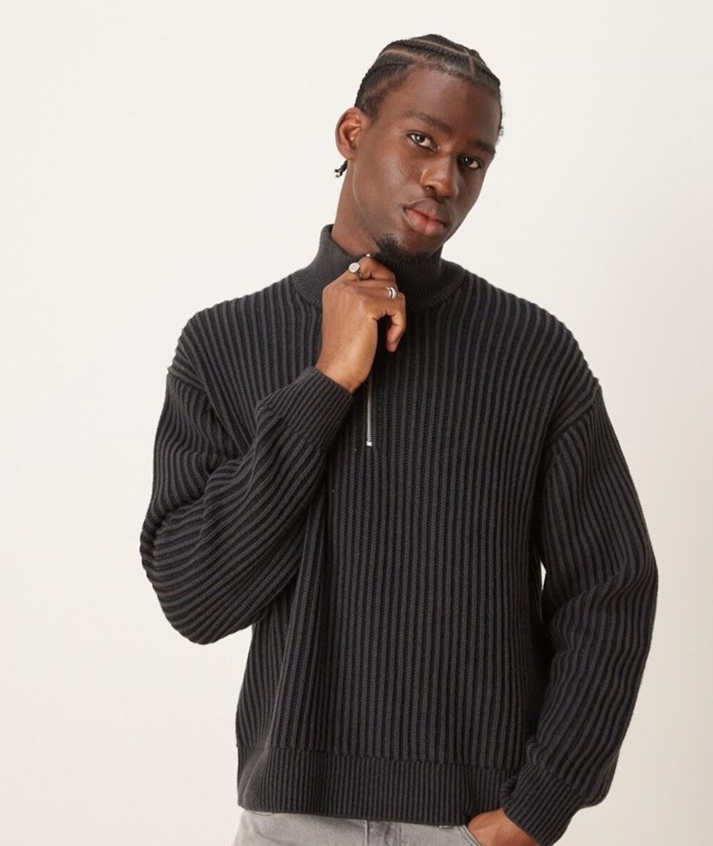 Abercrombie And Fitch Oversized 1/2 Zip Stripe Stitch Knit Jumper XL Men’s Black